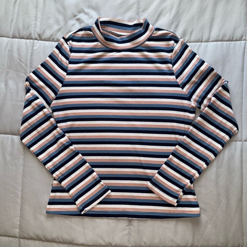 SHEIN Multicolor Striped Ribbed Mock Neck Long Sleeve Top Size XL